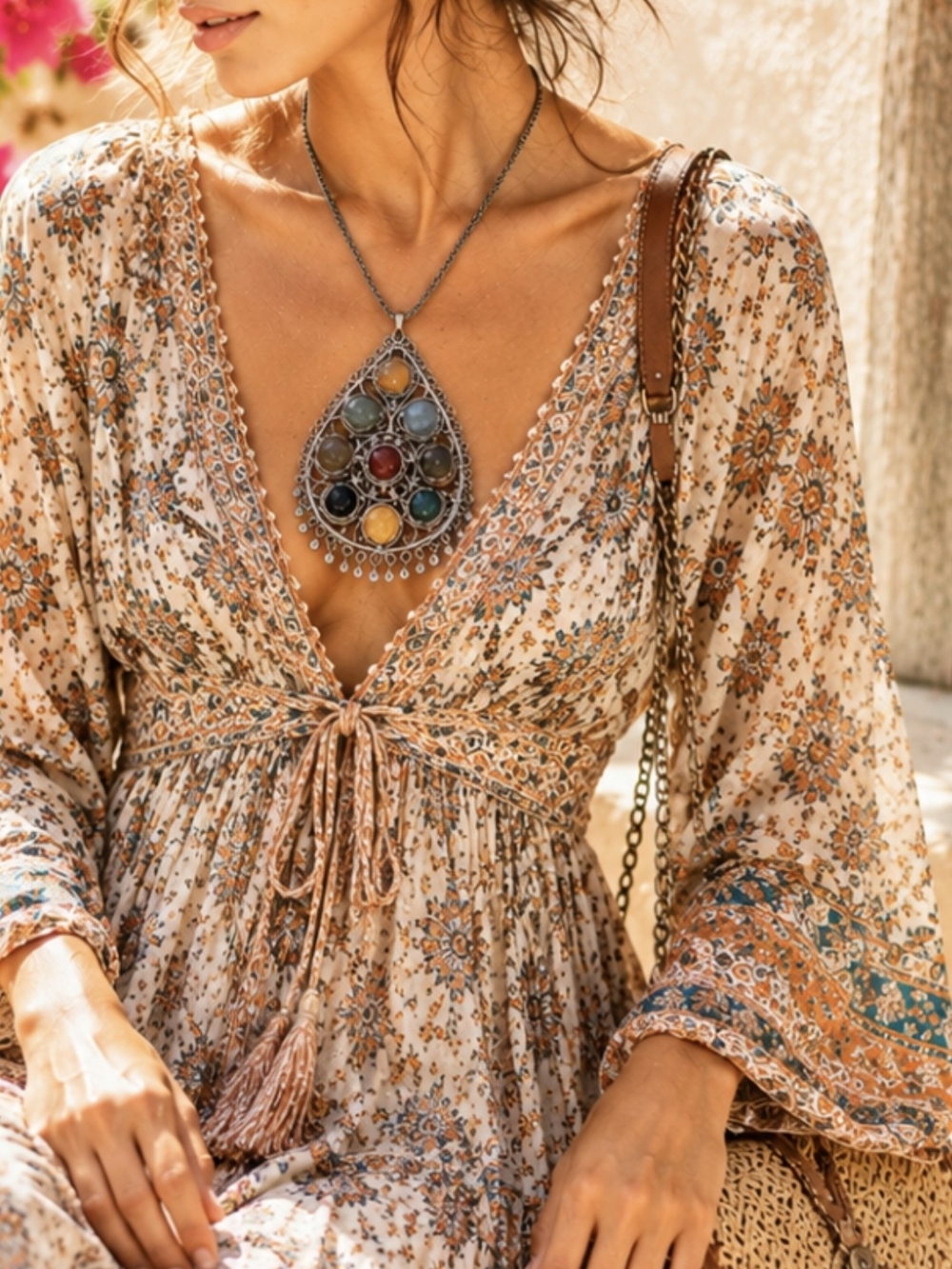 Boho Tear Drop Pendant Neckalce With Agate Stones